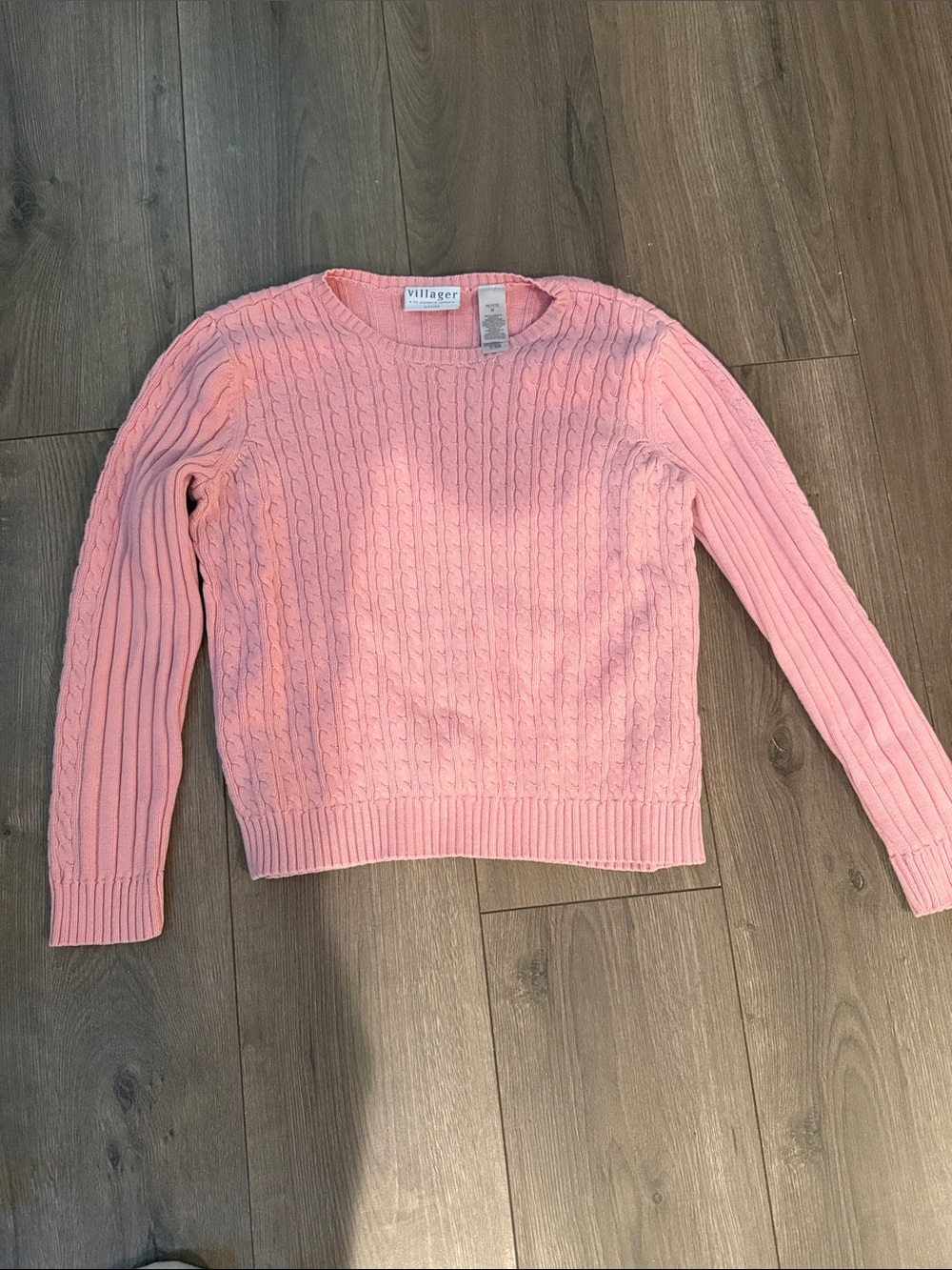 Villager Pastel Pink Cable-Knit Crew Sweater
